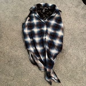 Blue and black checkered tank top with tie bottom and lace back